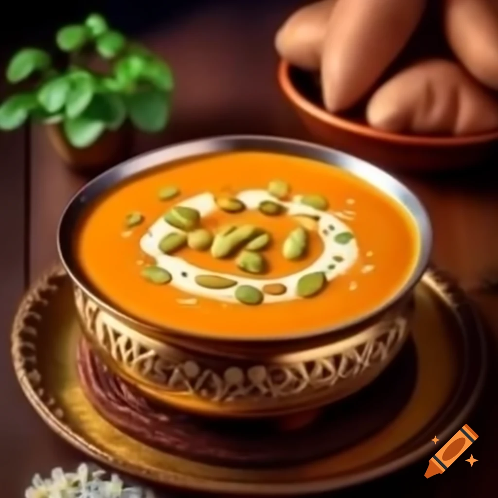 Hyper-realistic sweet potato kheer in brass bowl garnished with nuts