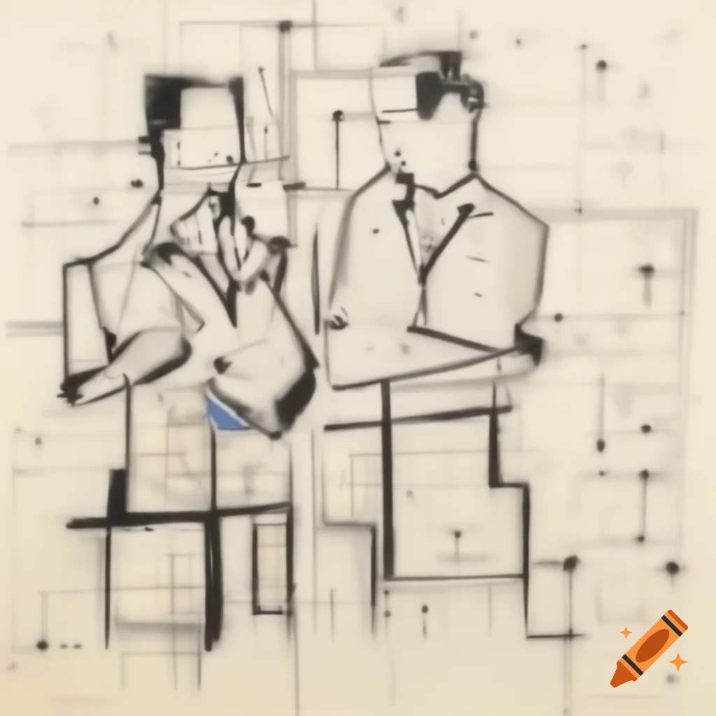 Abstract line drawing of two men's profiles with beaks laughing, featuring geometric curves and vibrant colors