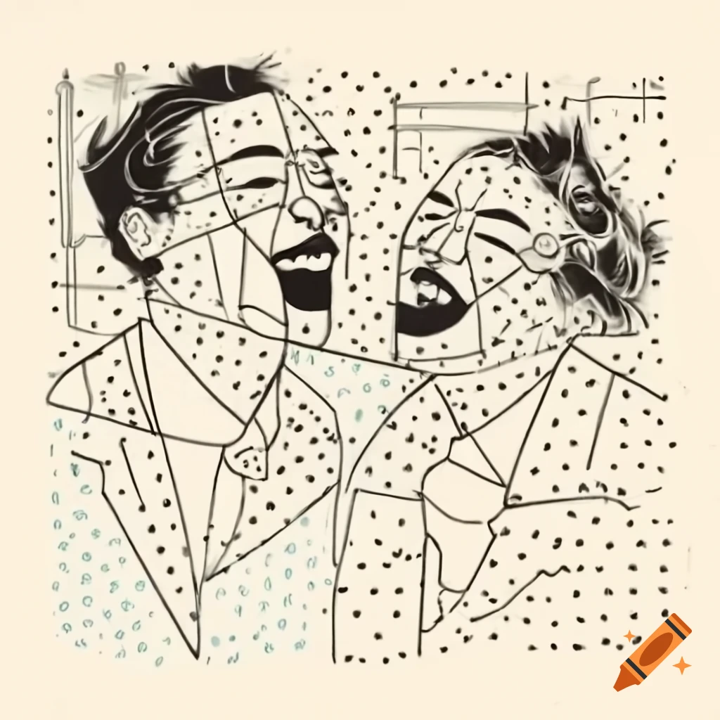 Abstract line drawing of two laughing profiles in Mondrian and Pollock style