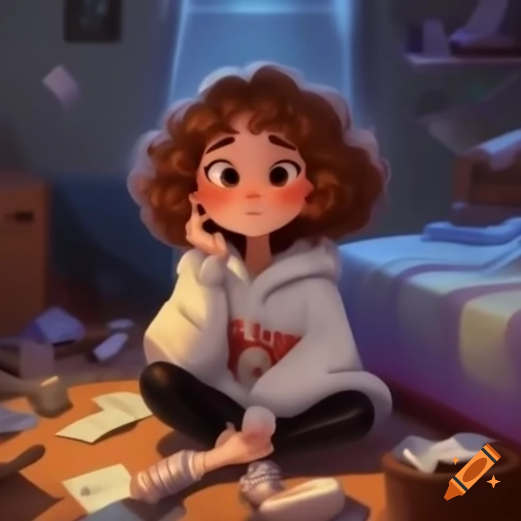 Playful young woman with curly brown hair and oversized hoodie