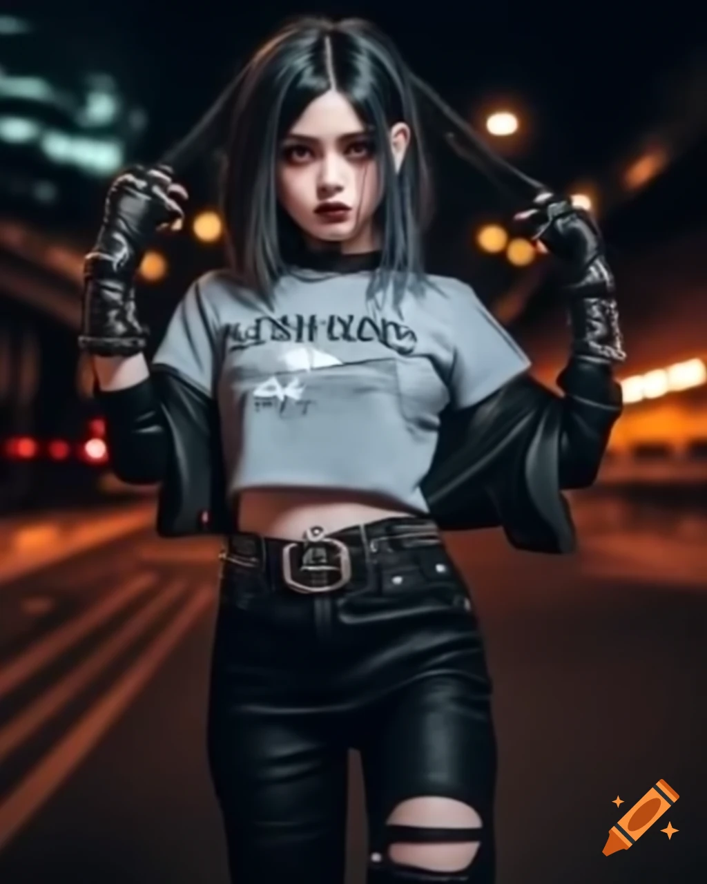 Emo girl in urban night setting wearing stylish grey and black outfit ...