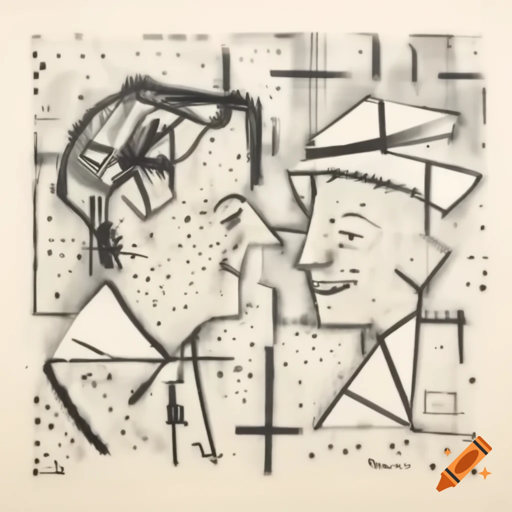 Abstract line drawing of two men's profiles with beaks laughing, featuring geometric curves and vibrant colors