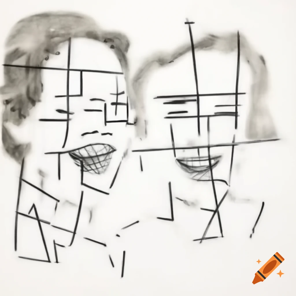 Abstract line drawing of two laughing profiles in Mondrian and Pollock style