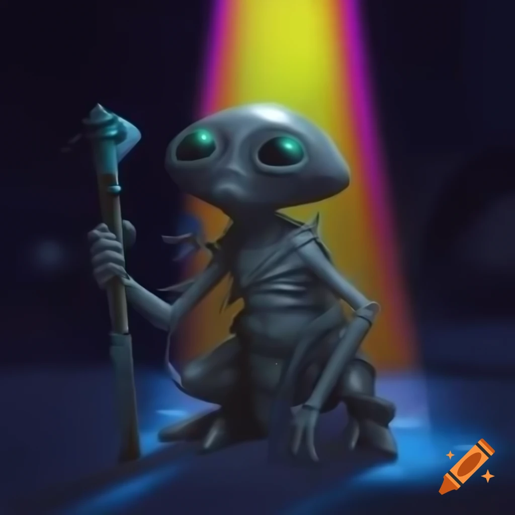 Antropomorphic alien with weapon and colorful beamlight background, sci-fi sketch