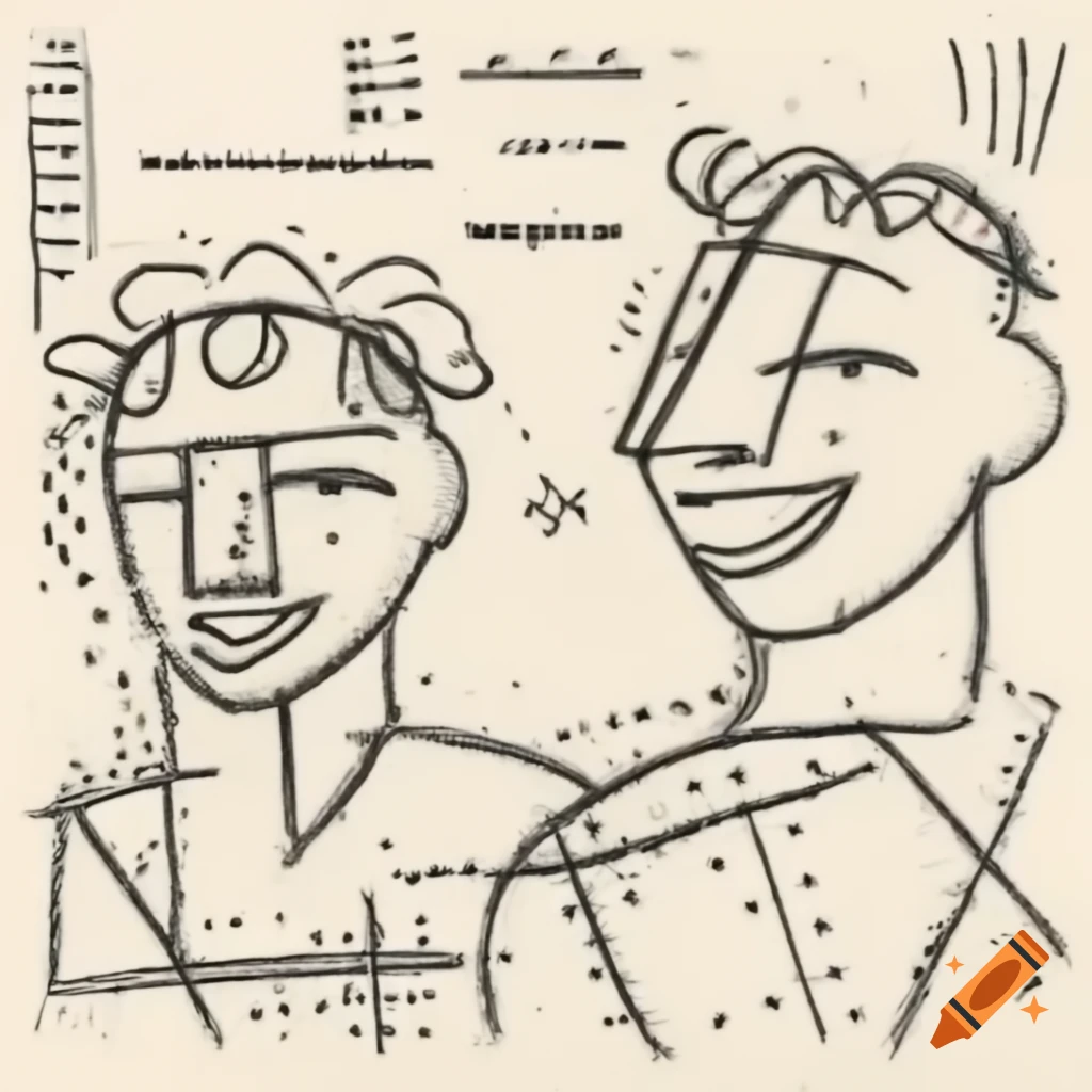 Abstract line drawing of two laughing profiles in Mondrian and Pollock style