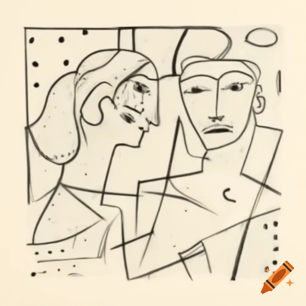Abstract line drawing of two laughing profiles in Mondrian and Pollock style