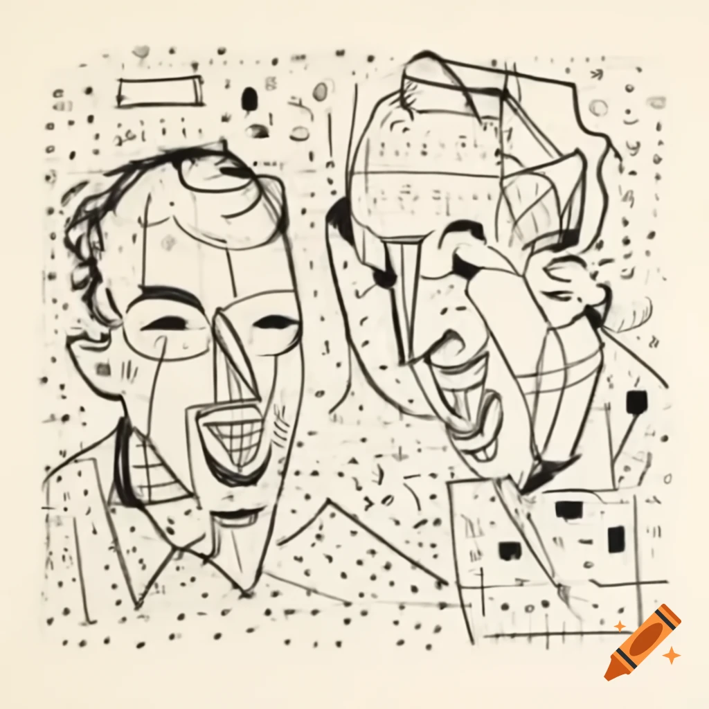 Abstract line drawing of two men's profiles with beaks laughing, featuring geometric curves and vibrant colors