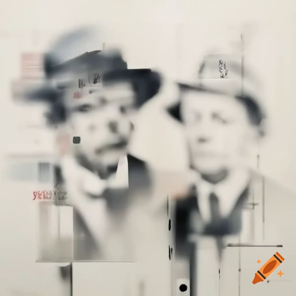 Abstract line drawing of two sarcastic figures in Mondrian and Pollock style