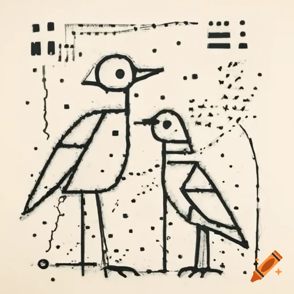 Abstract line drawing of two Birdmen profiles laughing with geometric curves