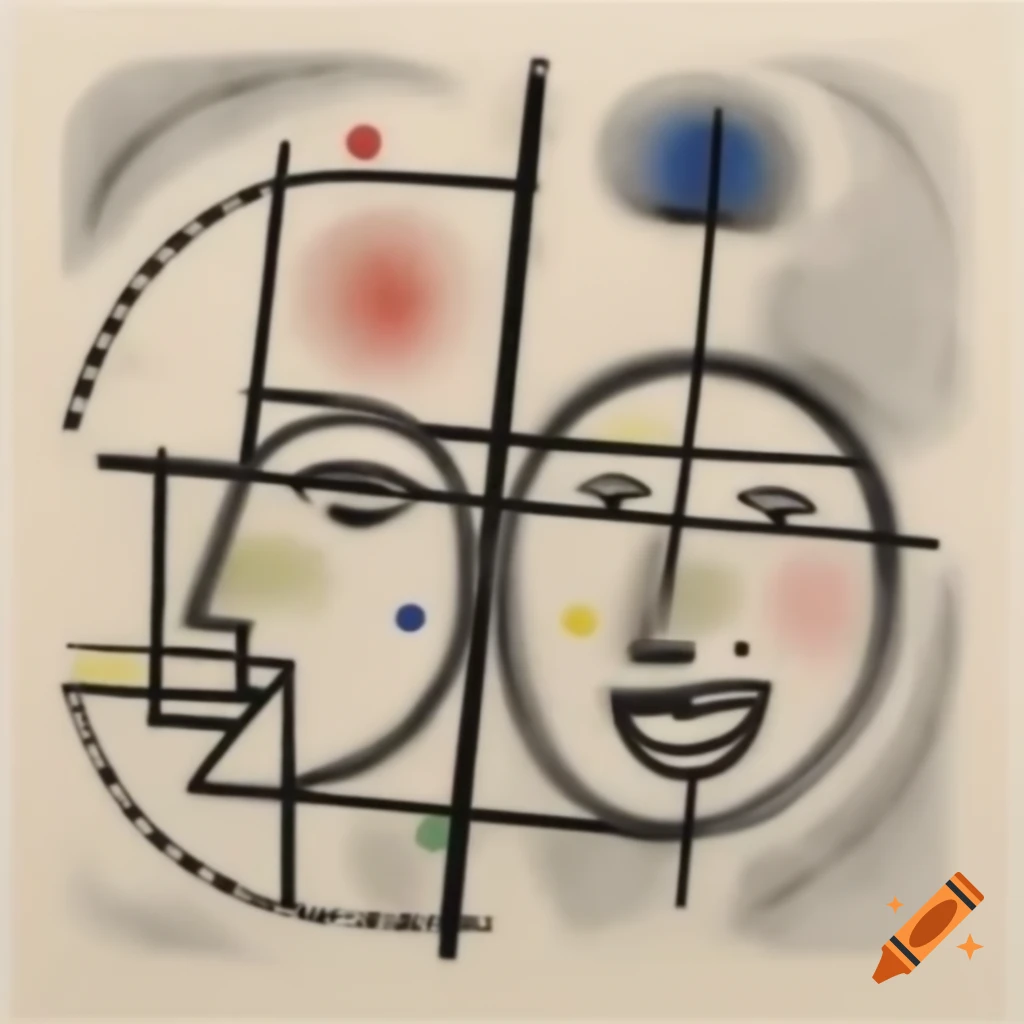 Abstract expressionist drawing of two laughing profiles with geometric shapes