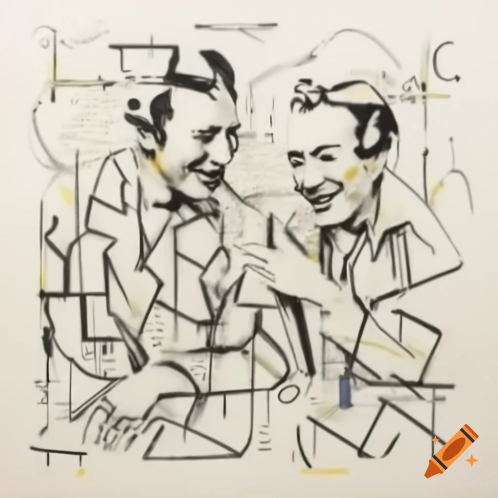 Abstract line drawing of two men's profiles with beaks laughing, featuring geometric curves and vibrant colors