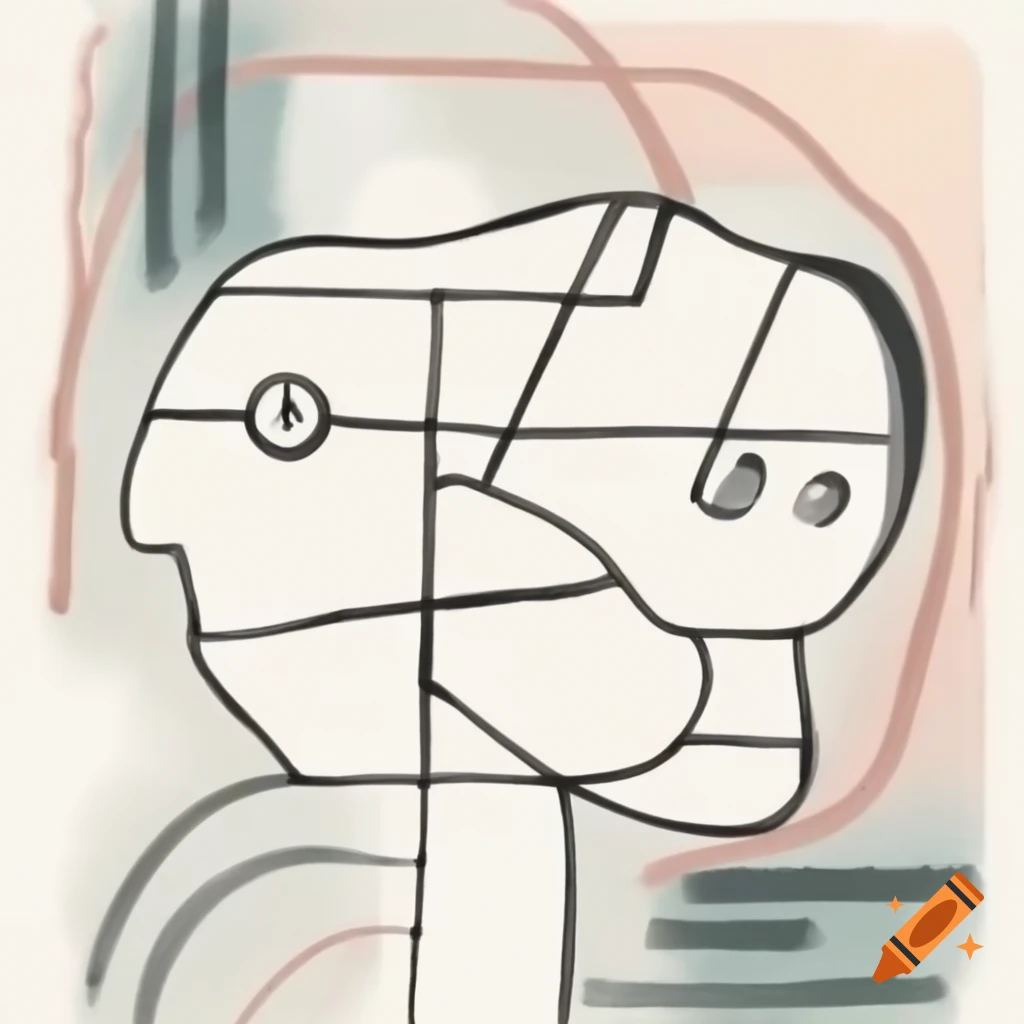 Abstract line drawing of a laughing face in Mondrian and expressionism style