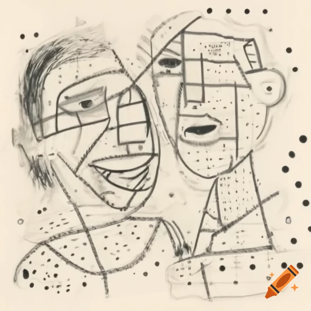 Abstract line drawing of two laughing profiles in Mondrian and Pollock style