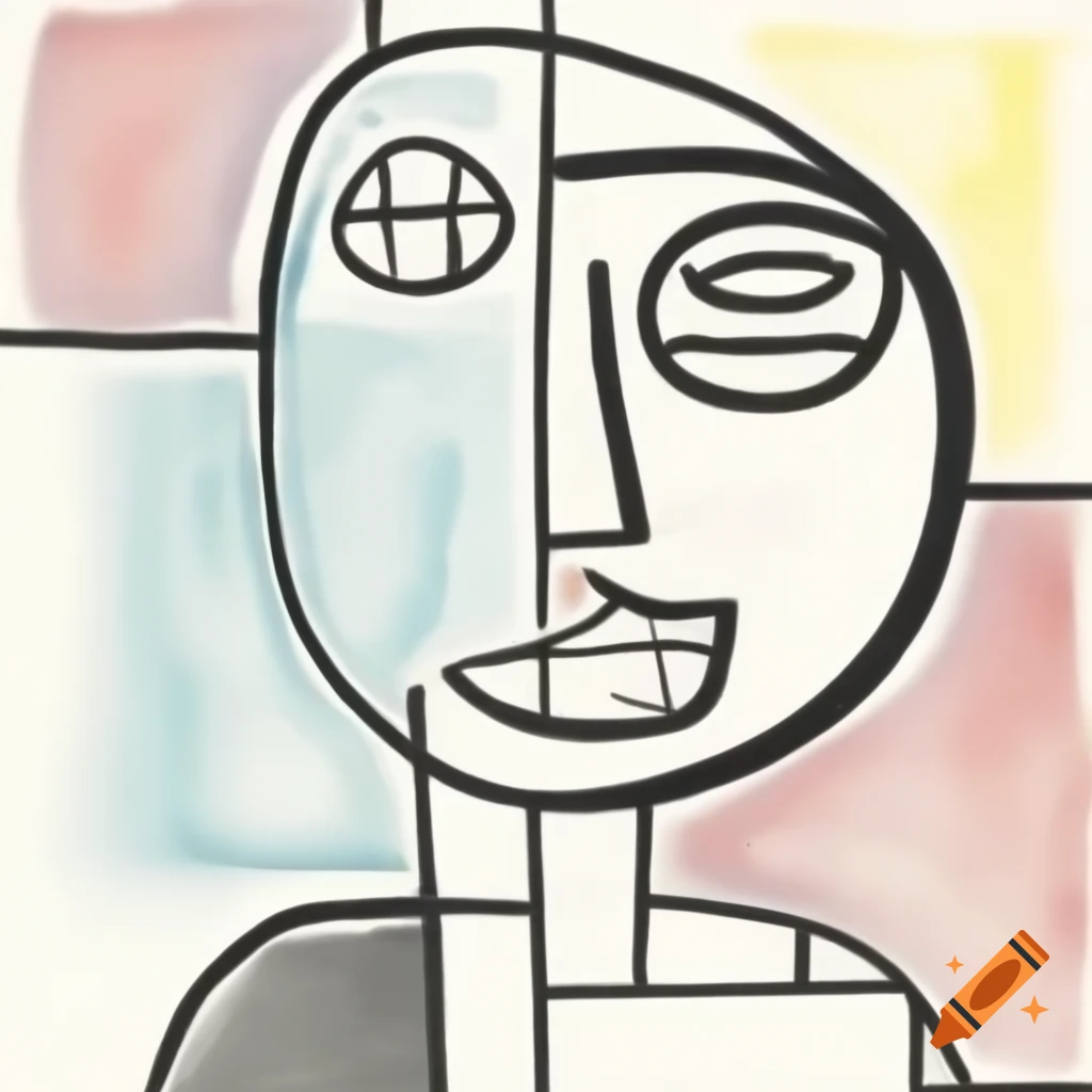 Abstract line drawing of a laughing face in Mondrian and expressionism style with geometric shapes in primary colors