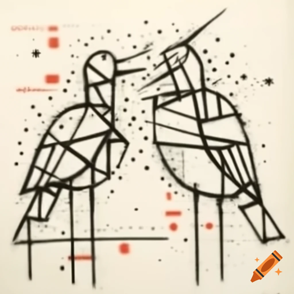 Abstract line drawing of two Birdmen profiles laughing with geometric curves