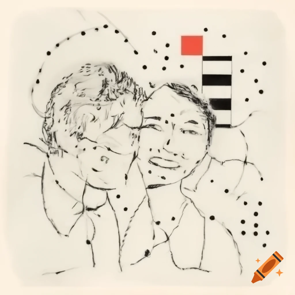 Abstract line drawing of two laughing profiles in Mondrian and Pollock style