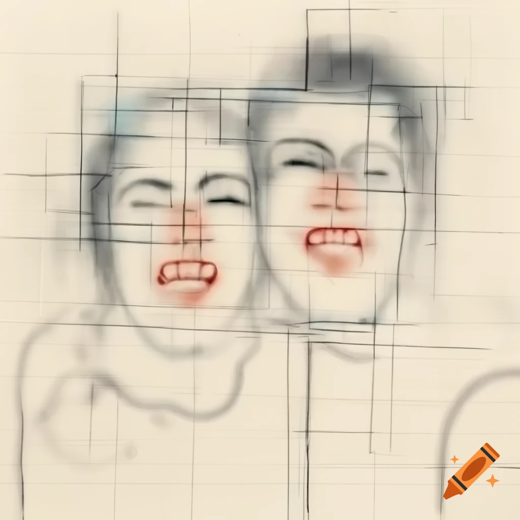 Abstract line drawing of two profiles laughing with geometric curves and watercolor