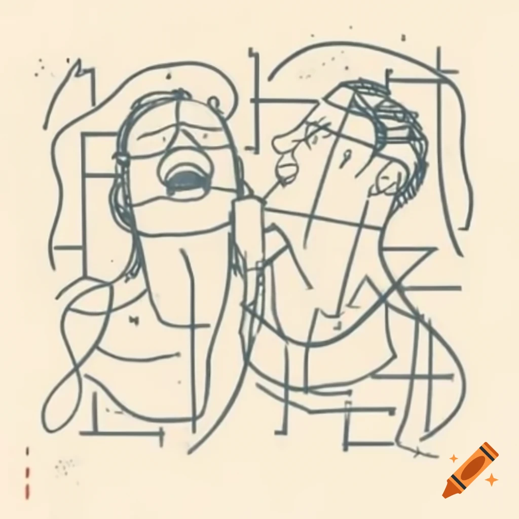 Abstract line drawing of two laughing profiles in Mondrian and Pollock style