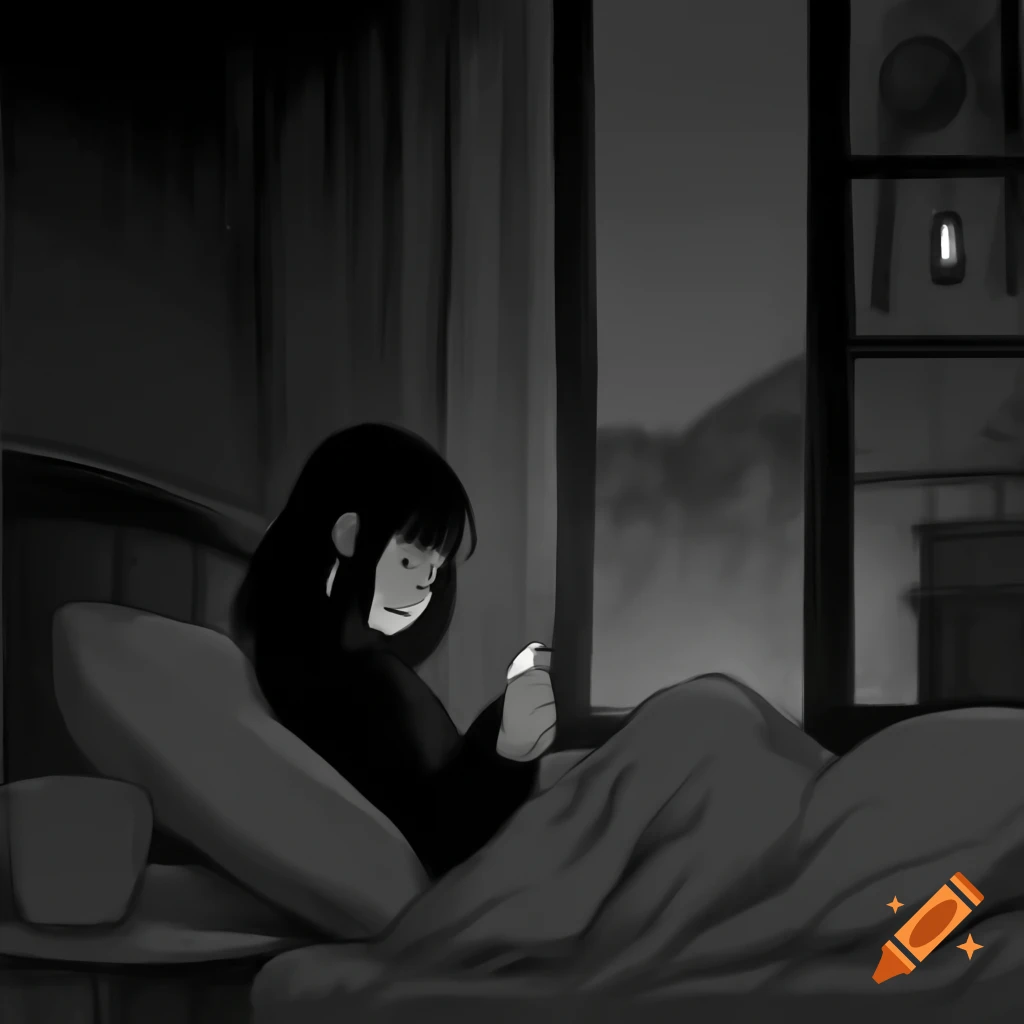 Girl using phone in bed at night by window, black and white sketch