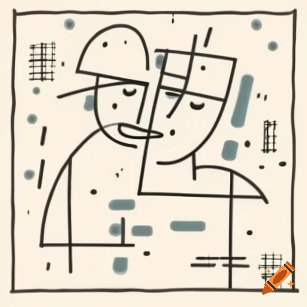 Abstract line drawing of two laughing profiles in Mondrian and Pollock style