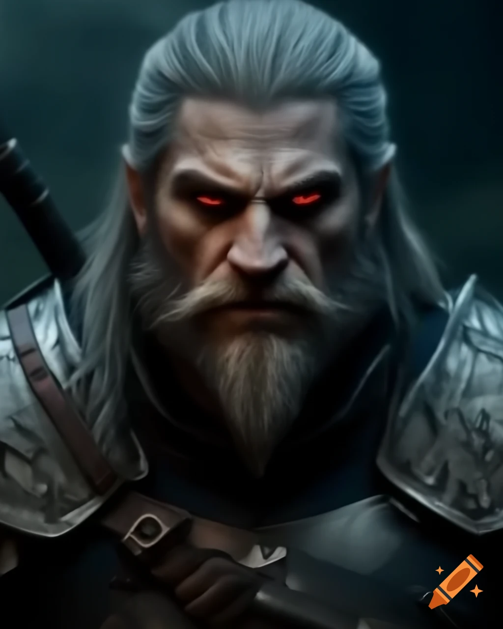 Witcher bear-school character in silver armor with a long beard and ...