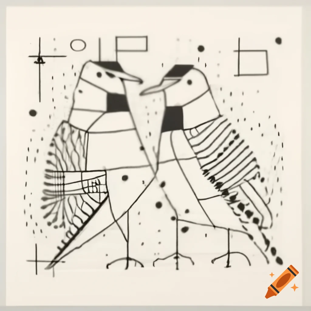 Abstract line drawing of two Birdmen profiles laughing with geometric curves