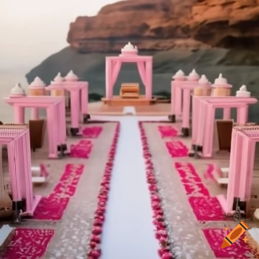 Hindu wedding mandap with flowers and candles on cliff edge overlooking water