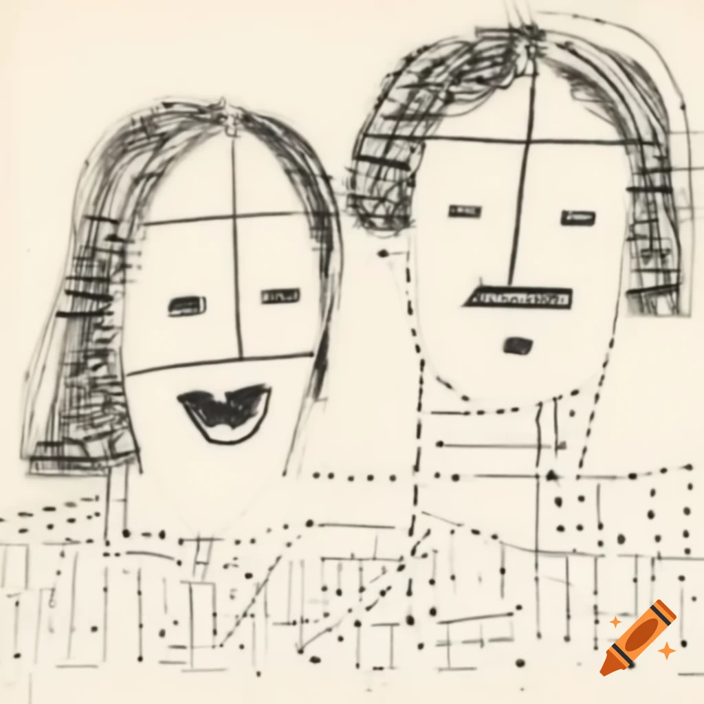 Abstract line drawing of two laughing profiles in Mondrian and Pollock style