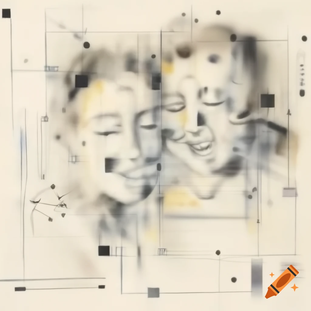 Abstract line drawing of two profiles laughing with geometric curves and watercolor