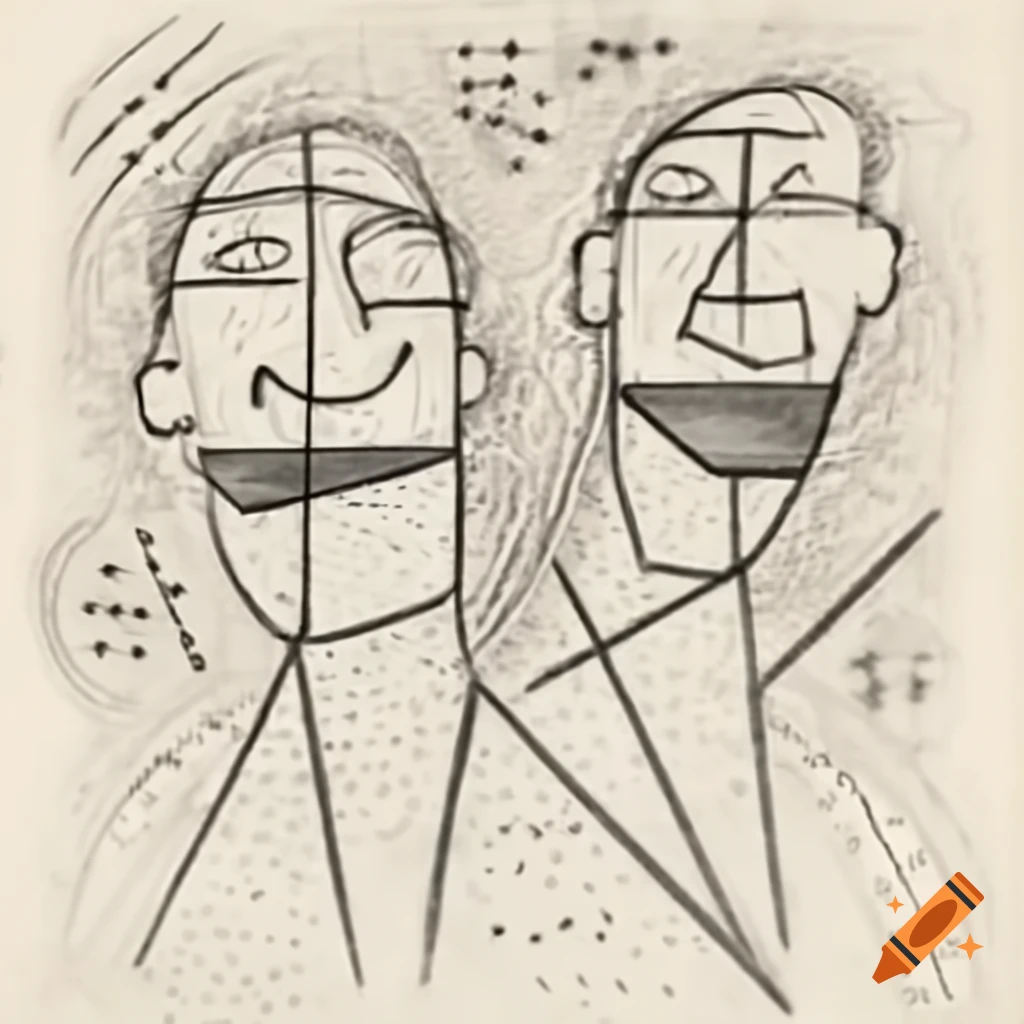 Abstract line drawing of two laughing profiles in Mondrian and Pollock style