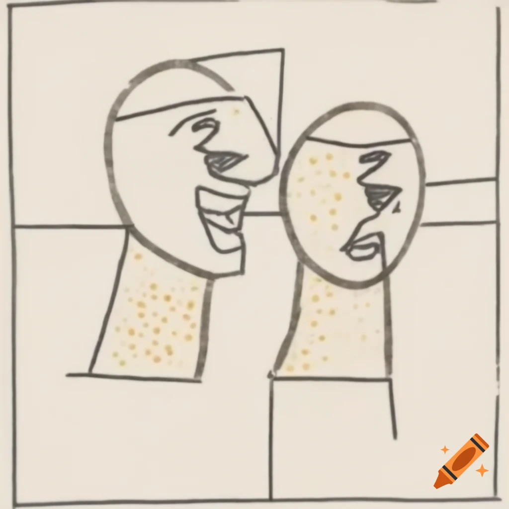 Abstract line drawing of two laughing profiles in Mondrian and expressionism style
