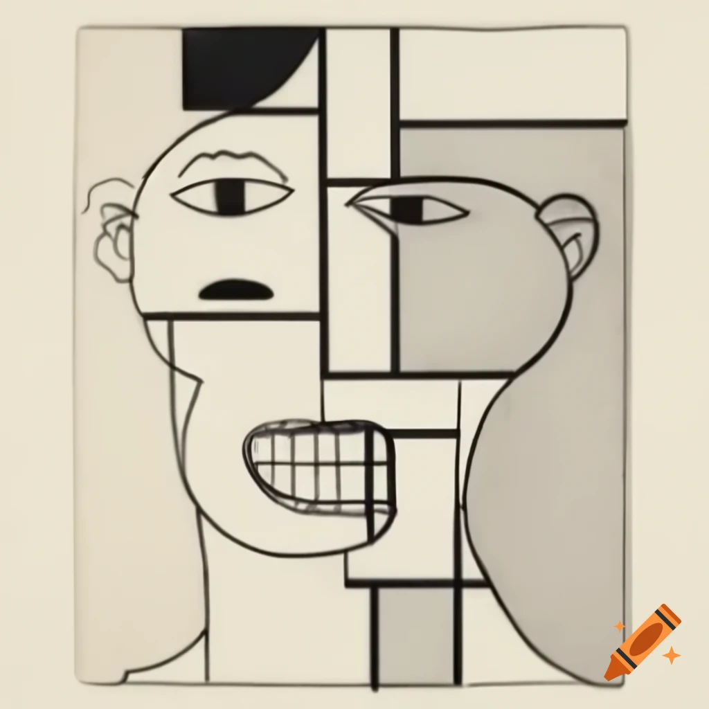 Abstract line drawing of laughing profile in Mondrian and expressionism style