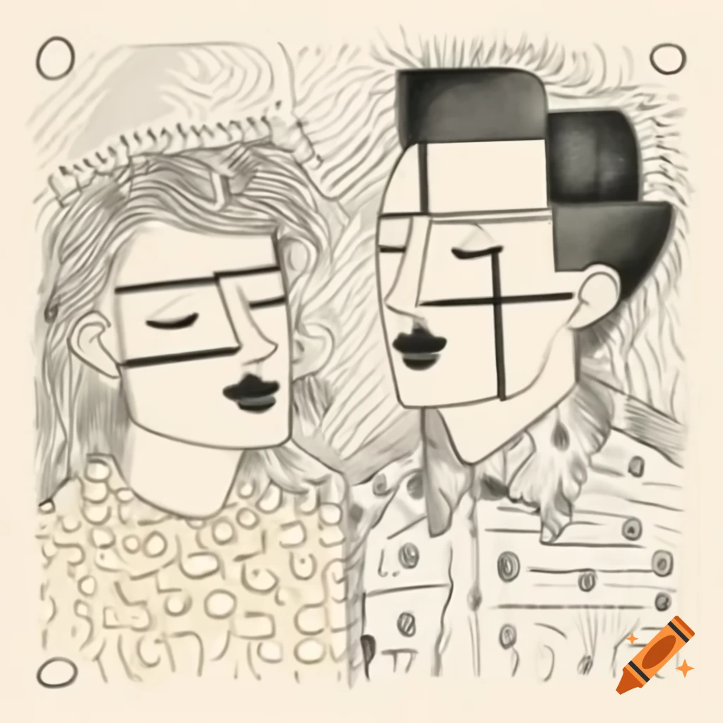Abstract line drawing of two laughing profiles in Mondrian and Pollock style