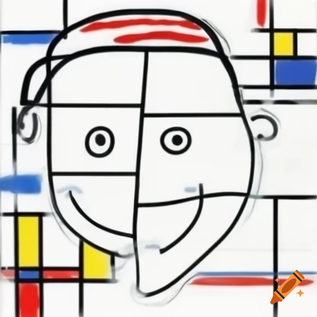 Abstract line drawing of a laughing face in Mondrian and expressionism style with geometric shapes in primary colors