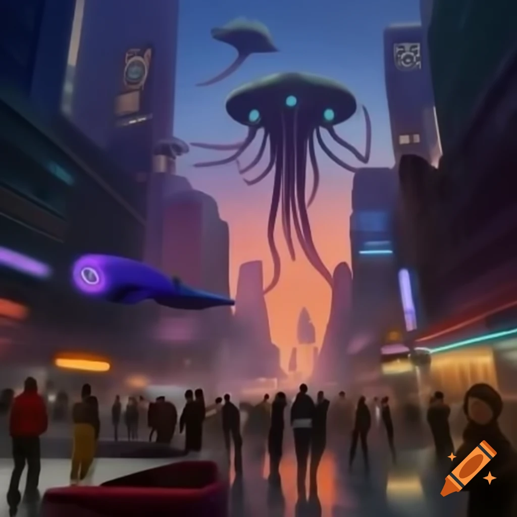 Futuristic cityscape at sunset with flying cars and diverse crowds interacting with holograms
