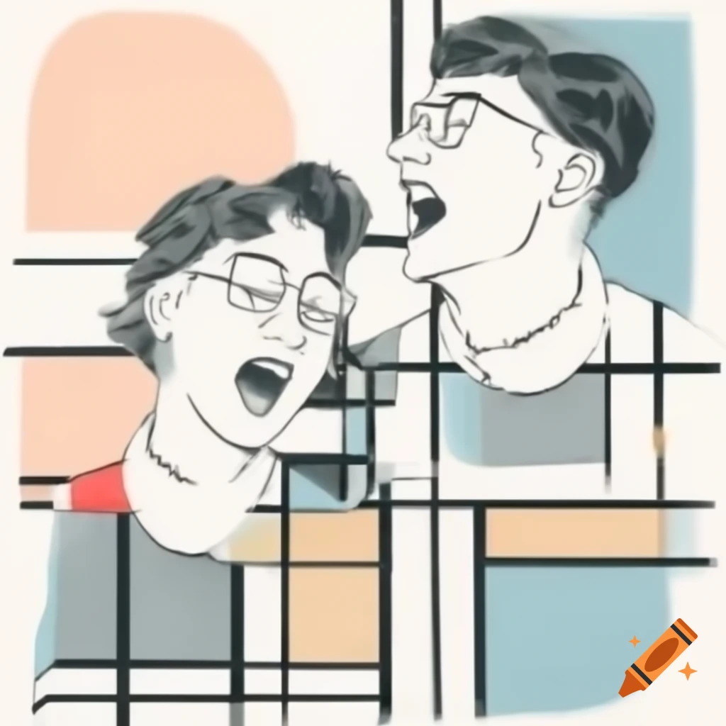 Abstract line drawing of two laughing profiles in Mondrian and matrix style