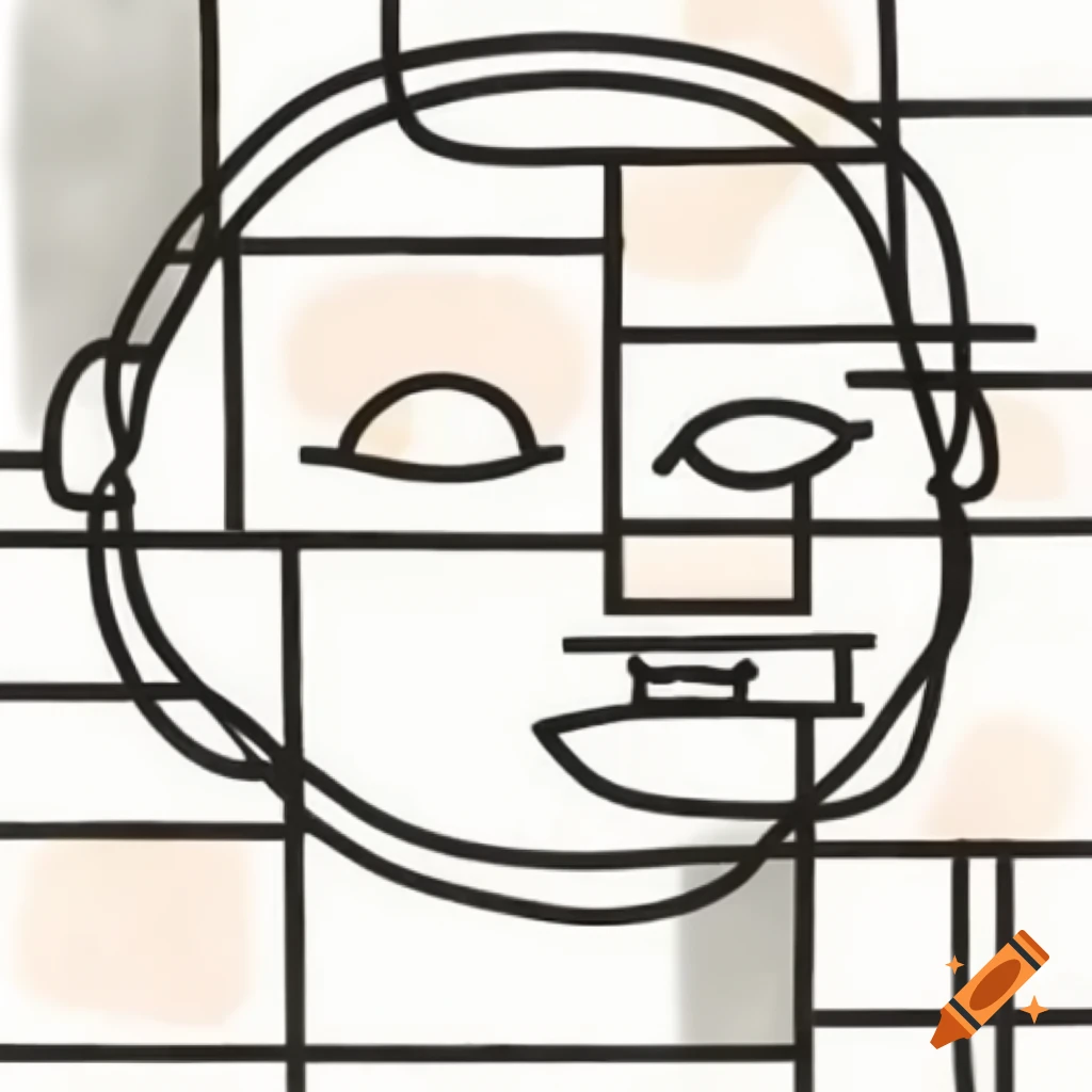 Abstract line drawing of a laughing face in Mondrian and expressionism style with geometric shapes