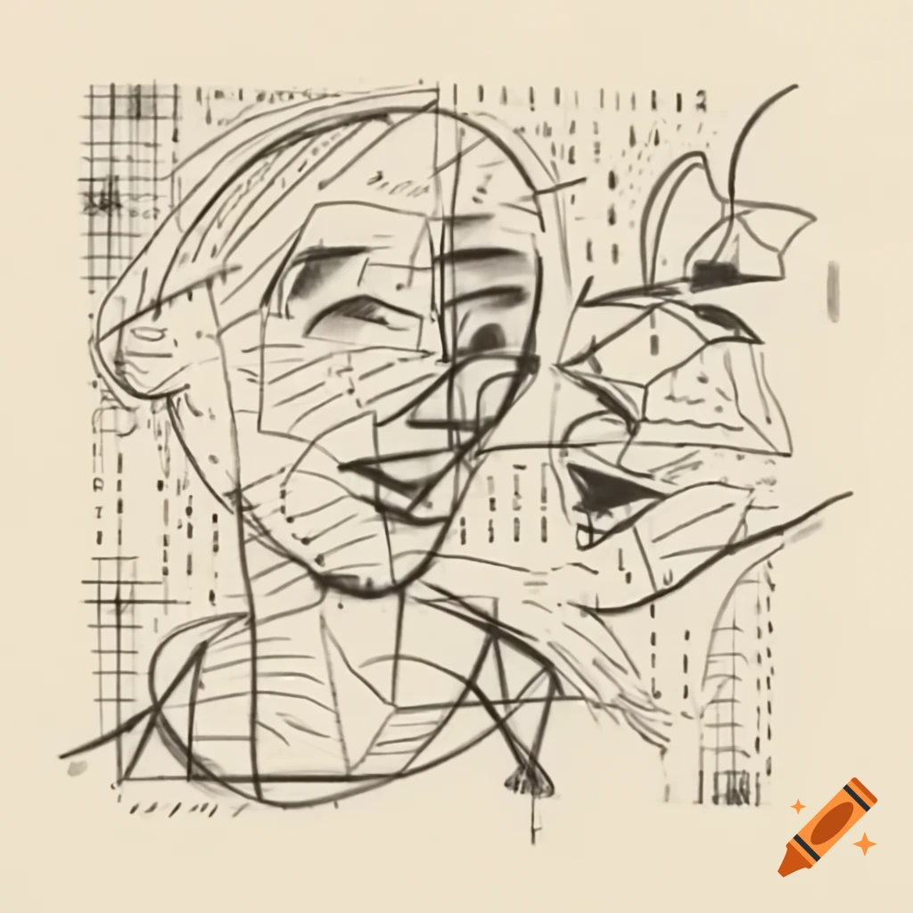 Abstract line drawing of two laughing profiles in Mondrian and Pollock style
