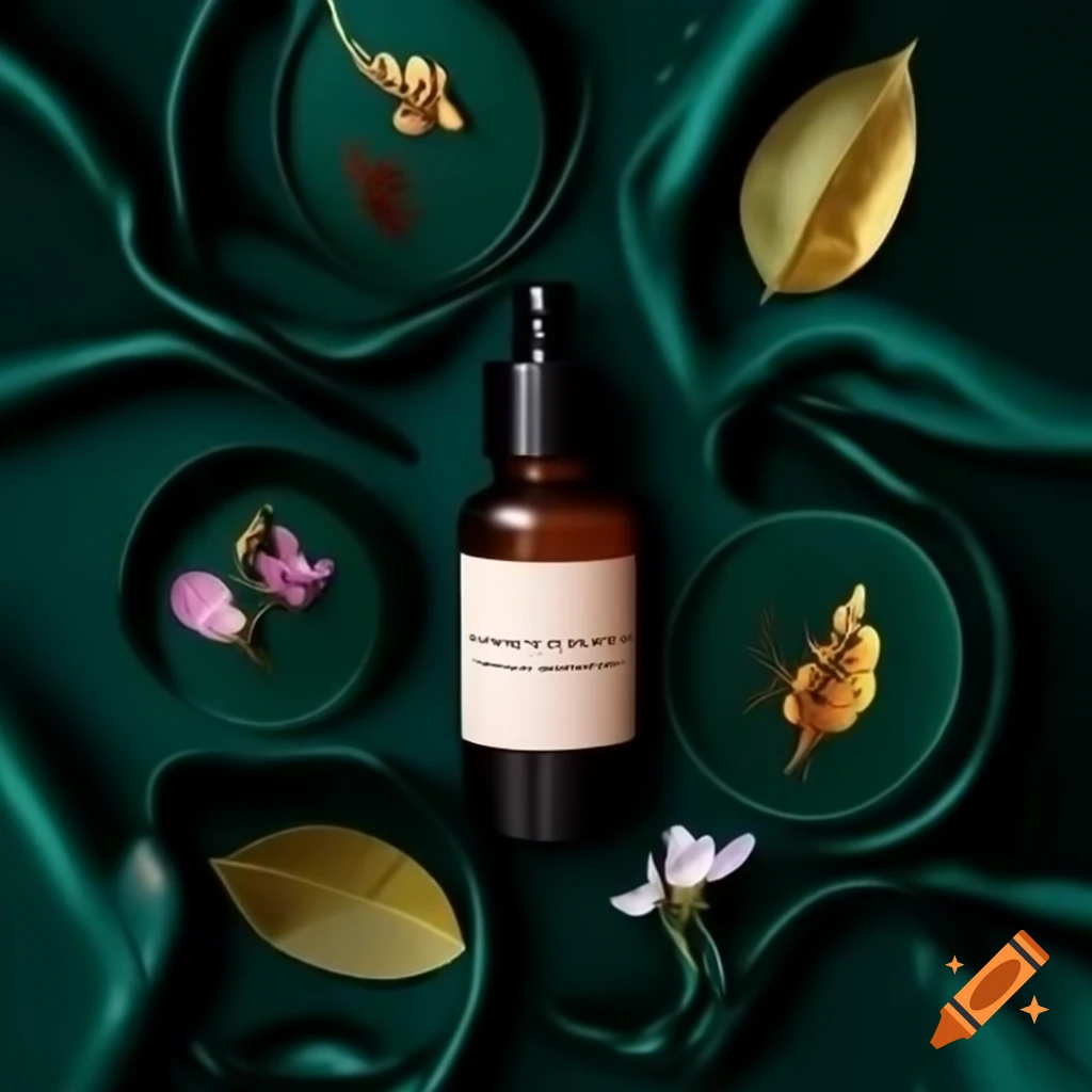 Luxury product photography of amber glass bottle of RS Herbal Hair Oil with deep green label and gold typography