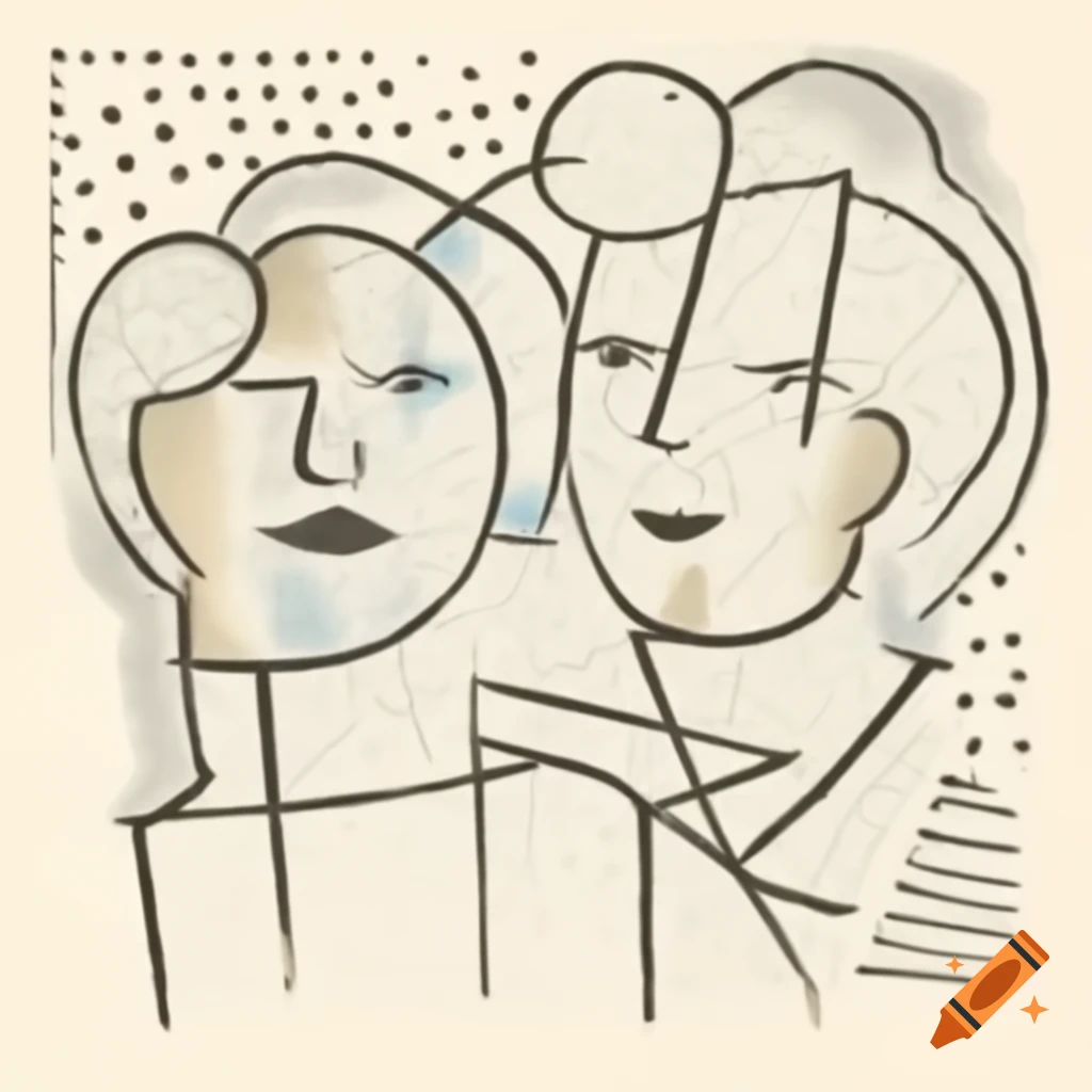 Abstract expressionist drawing of two laughing profiles with geometric shapes
