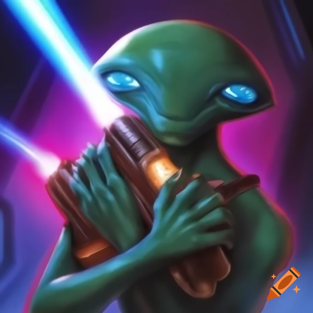 Anthropomorphic alien with weapon and colorful beamlight in sketch style