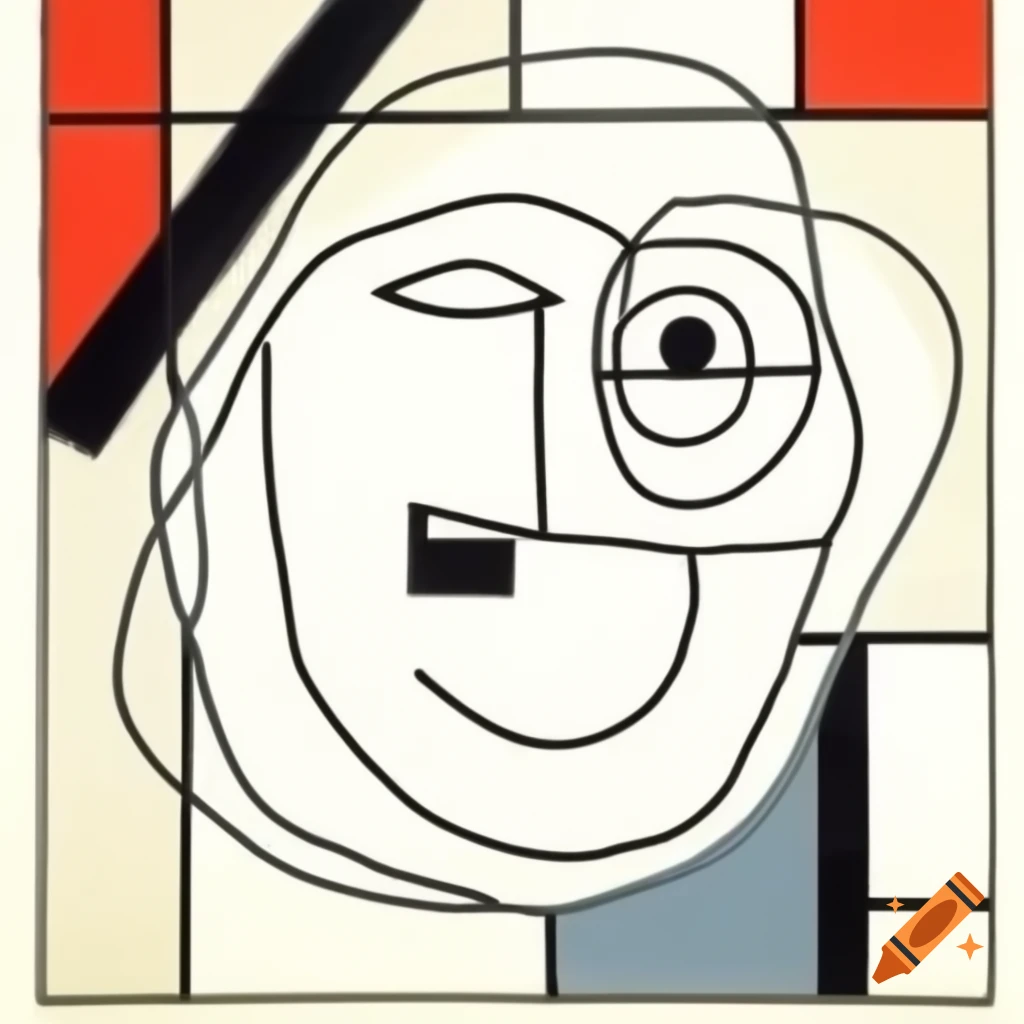 Abstract line drawing of a laughing face in Mondrian and expressionism style with geometric shapes