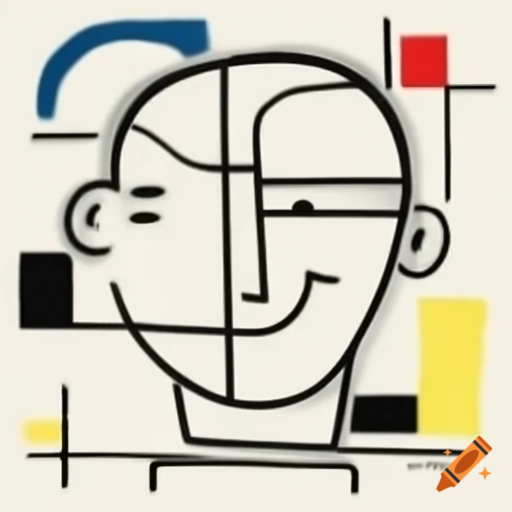 Abstract line drawing of a laughing face with geometric curves in primary colors