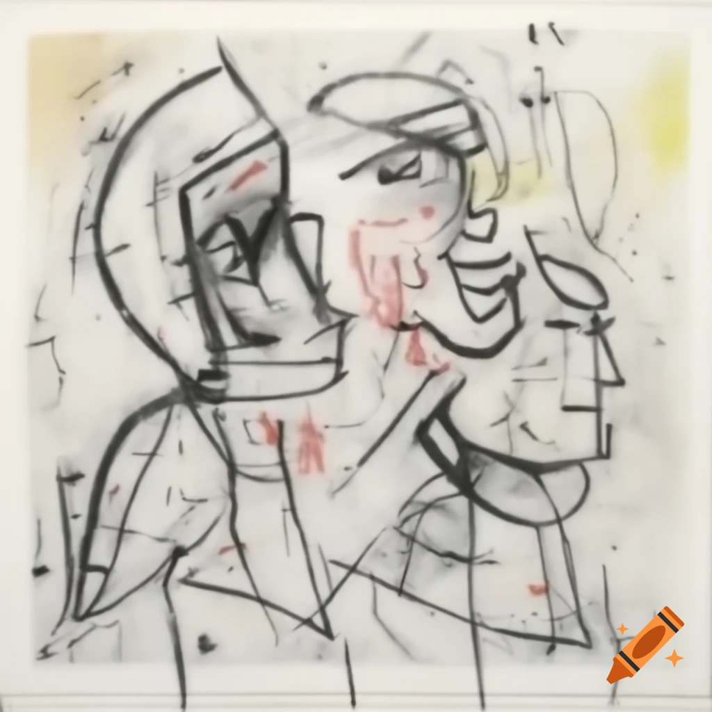 Abstract line drawing of two laughing profiles in Mondrian and Pollock style