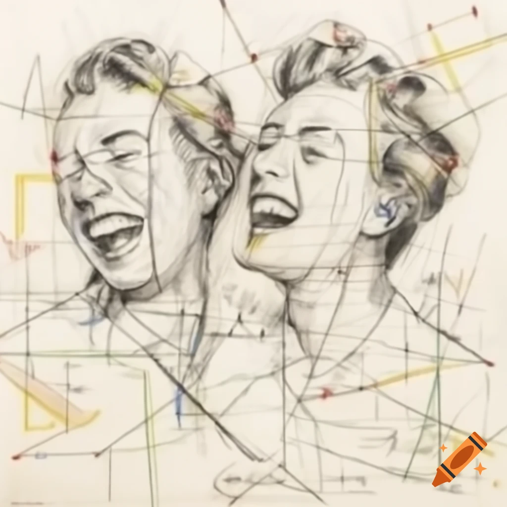 Abstract line drawing of two laughing profiles in Mondrian and Pollock style