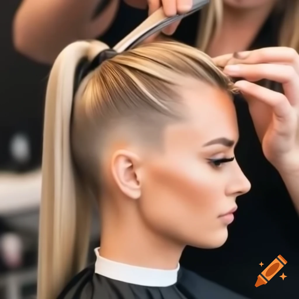 Woman with high ponytail at hairdresser, head being shaved