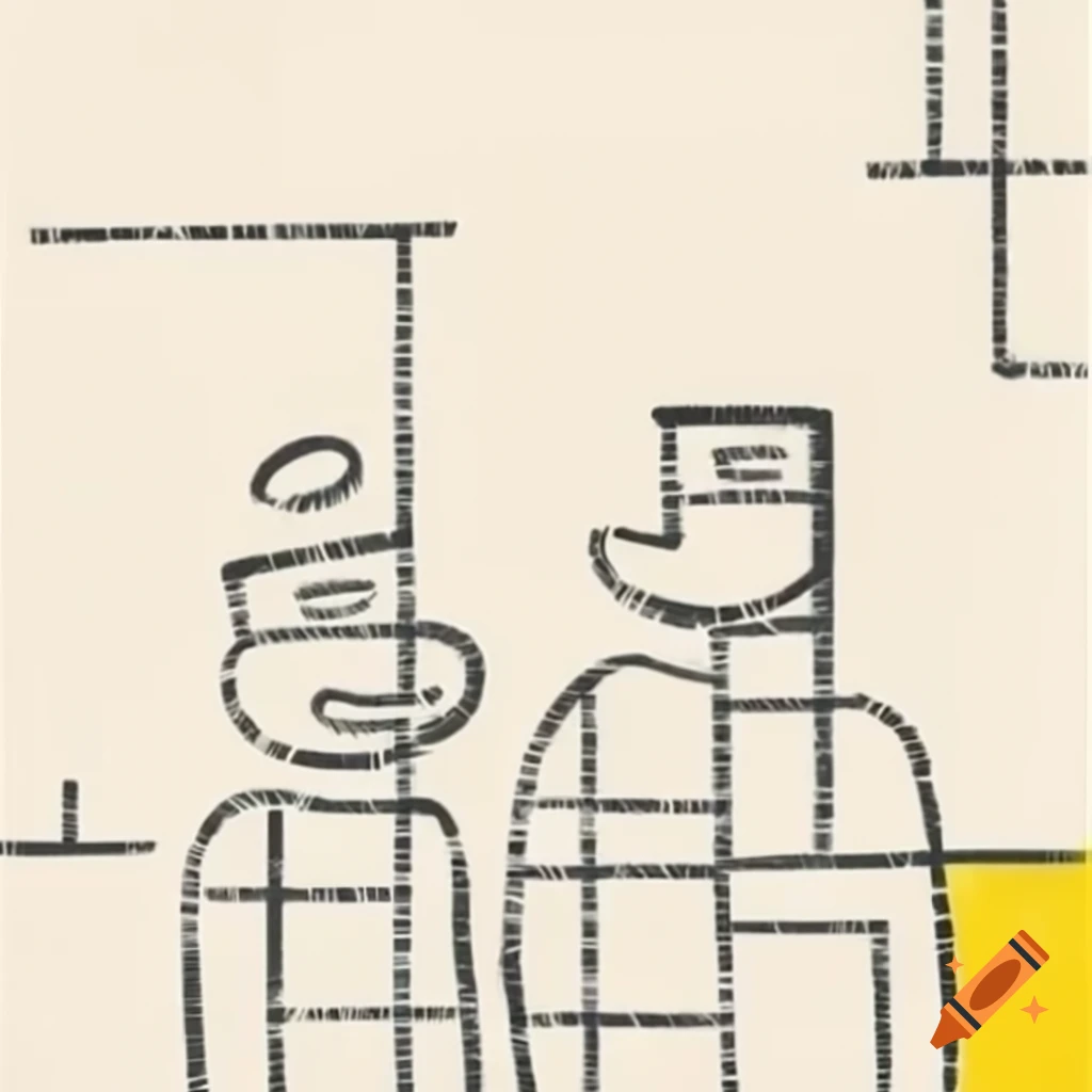 Abstract line drawing of two laughing profiles in Mondrian and matrix style