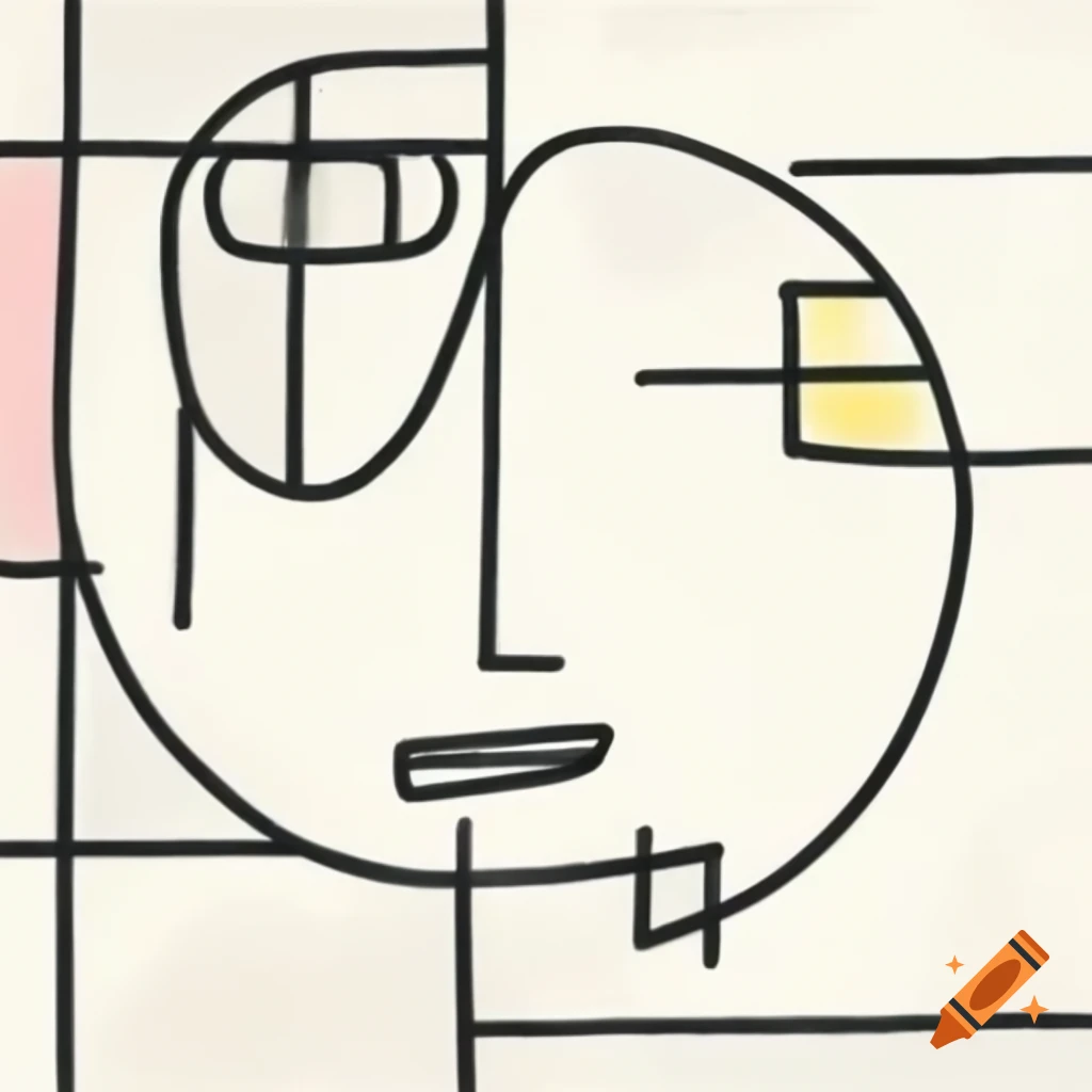 Abstract line drawing of a laughing face in Mondrian and expressionism style with geometric curves