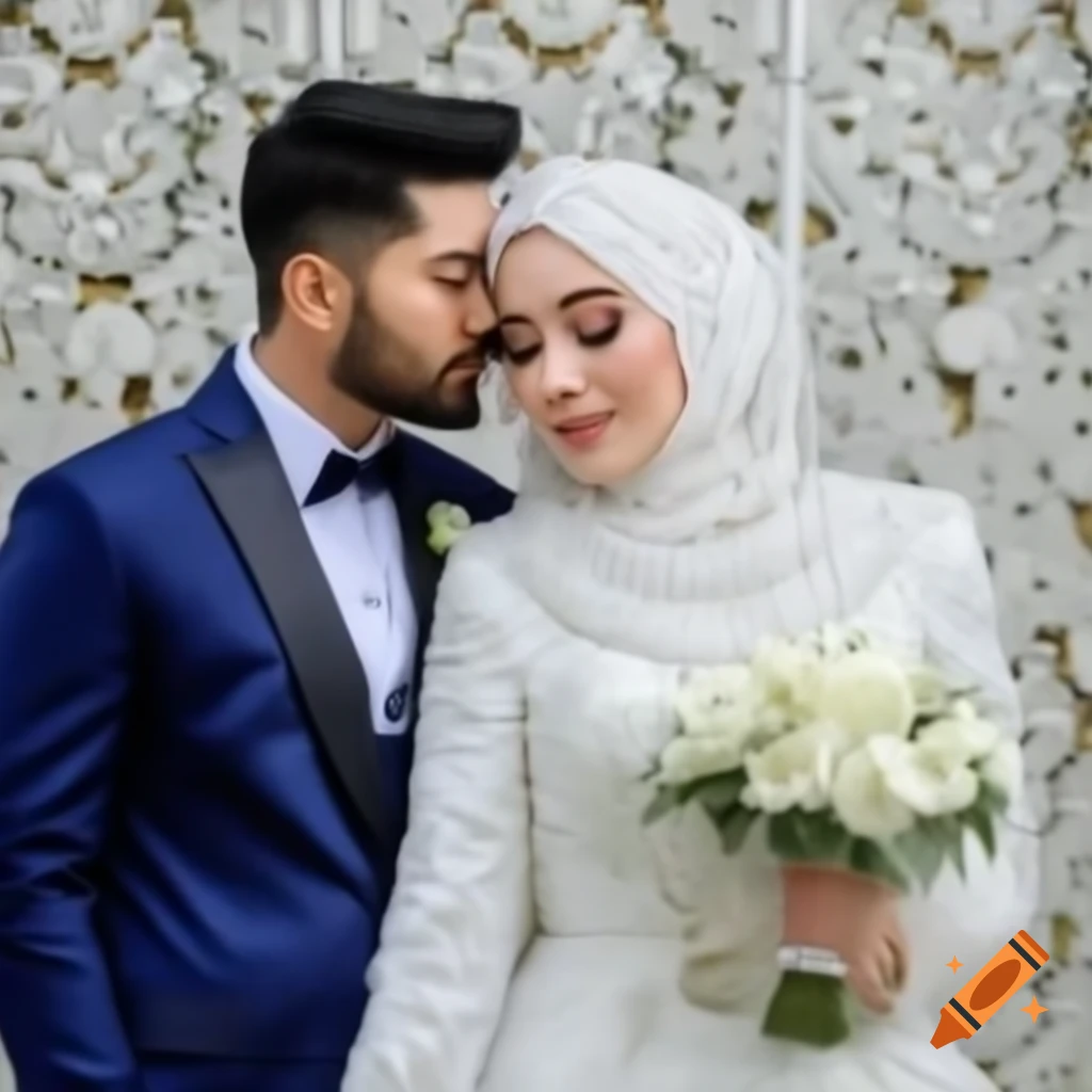 Beautifully dressed bride wearing lace wedding dress and hijab with groom on wedding day