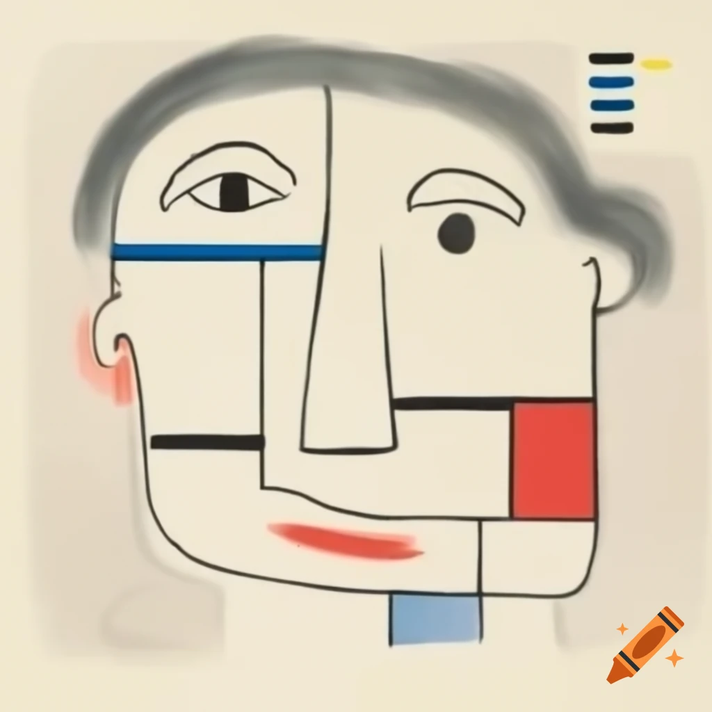 Abstract line drawing of a laughing face with geometric curves in primary colors